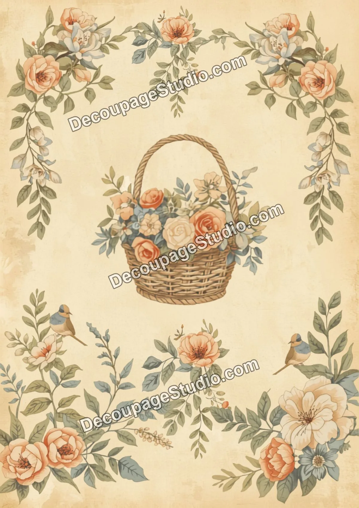 Vintage wicker basket filled with peach and cream roses, framed by floral garlands and two songbirds on aged cream paper